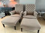 2 landelijke fauteuils met hocker – capitonné, beige, klassi, Ophalen, 75 tot 100 cm, Zo goed als nieuw, Landelijk Riviera Maison