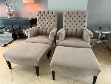 2 landelijke fauteuils met hocker – capitonné, beige, klassi beschikbaar voor biedingen