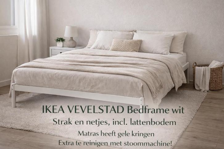IKEA VEVELSTAD bedframe wit incl. lattenbodem,strak & stevig, Huis en Inrichting, Slaapkamer | Bedden, Zo goed als nieuw, Tweepersoons