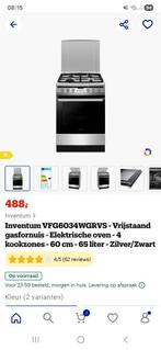 Inventum gasfornuis zwart zilver., Witgoed en Apparatuur, Fornuizen, Ophalen, 4 kookzones, Zo goed als nieuw, 85 tot 90 cm