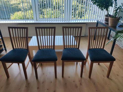 4x houten eetkamerstoelen met donkergrijze bekleding, Huis en Inrichting, Stoelen, Gebruikt, Vier, Stof, Ophalen