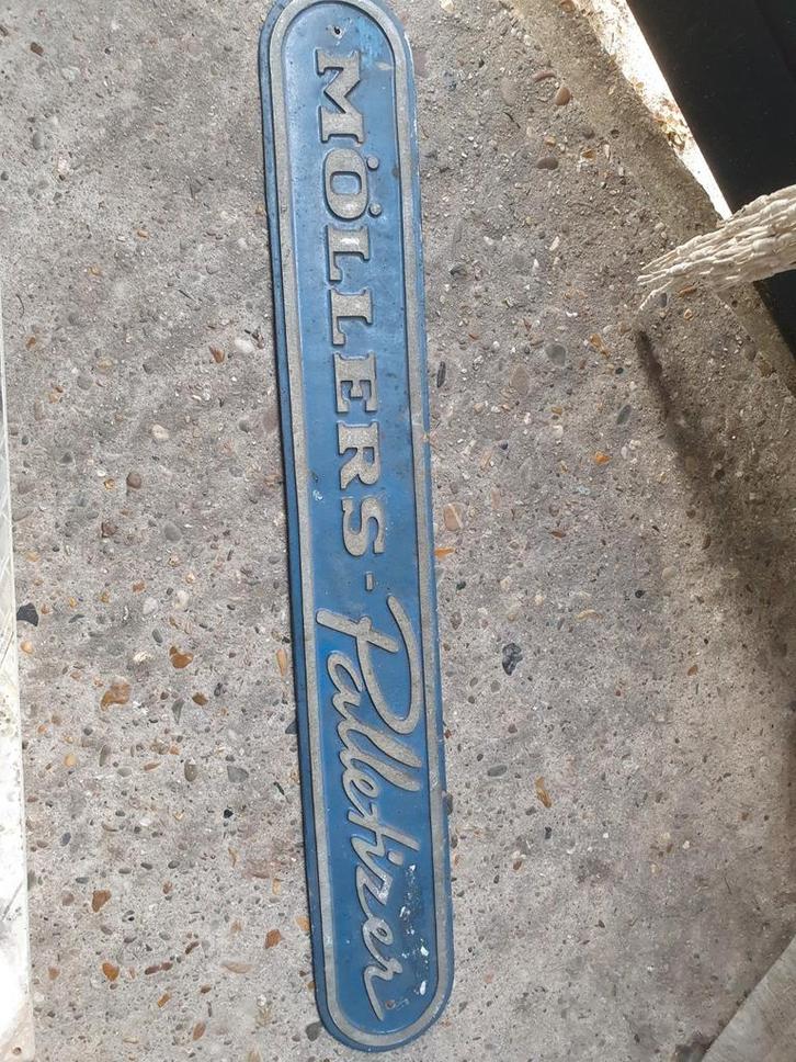 Möllers palletizers naambord metaal en bijbehorende canvas, Verzamelen, Merken en Reclamevoorwerpen, Gebruikt, Reclamebord, Ophalen of Verzenden