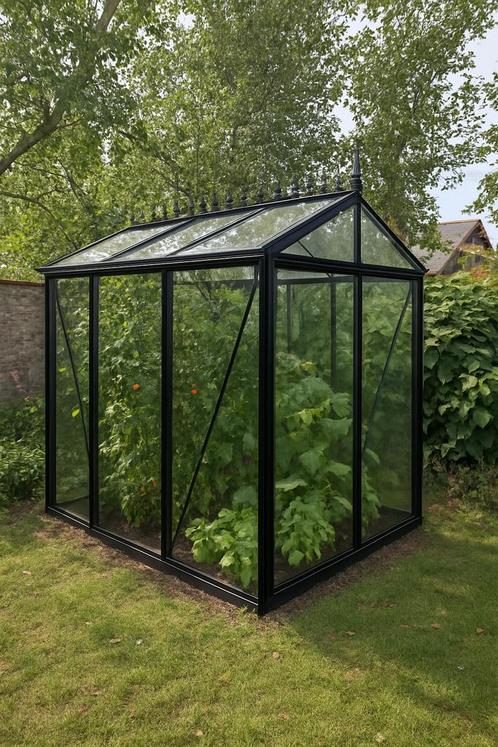 Van Vliet hobbykas – zwart aluminium, glas, sierlijk design, Tuin en Terras, Kassen, Zo goed als nieuw, Aluminium, Glas, Ophalen
