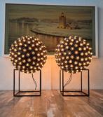 2x Zwarte Bollampen op Stalen Kubusvoet, Gebruikt, Ophalen of Verzenden, Minder dan 100 cm, Metaal