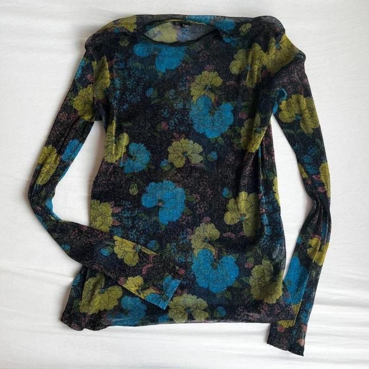 Glitterende mesh top met bloemenprint van Zara, maat L, Kleding | Dames, Tops, Zo goed als nieuw, Maat 42/44 (L), Lange mouw, Ophalen of Verzenden