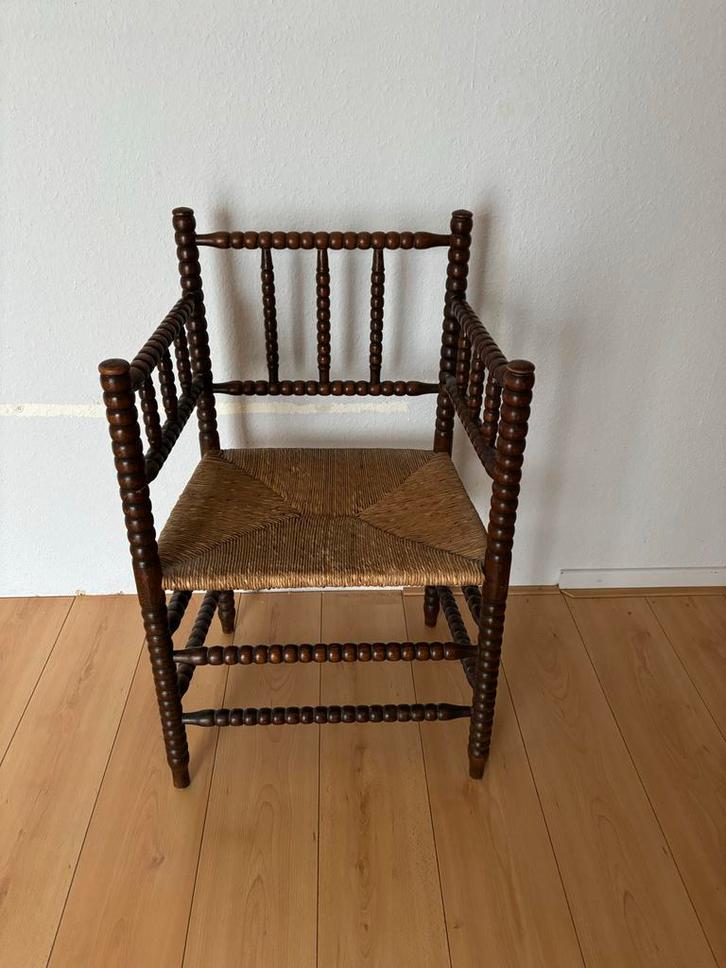 Antieke bobbin stoel met rieten zitting, Huis en Inrichting, Stoelen, Gebruikt, Eén, Hout, Bruin, Ophalen