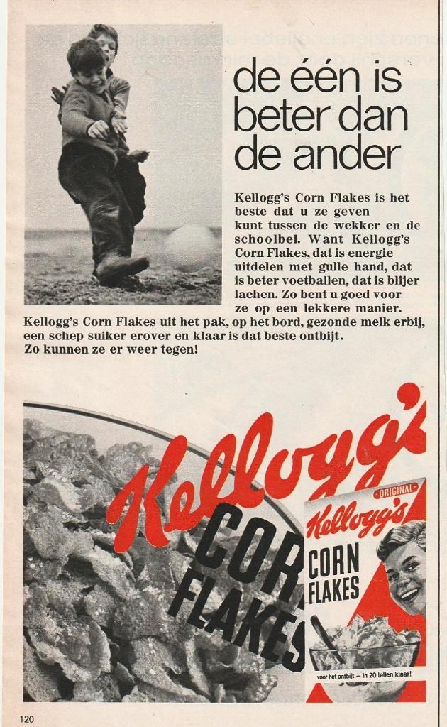 retro reclame 1968 Kellogg's cornflakes jongetjes voetbal, Verzamelen, Retro, Overige typen, Verzenden