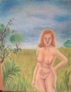 Hubert Bekman Sepiakrijt "NHS naaktpose" vrouw in landschap, Ophalen of Verzenden