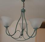 Groene metalen hanglamp met witte melkglazen kapjes, Ophalen of Verzenden, Zo goed als nieuw, Glas, Minder dan 50 cm