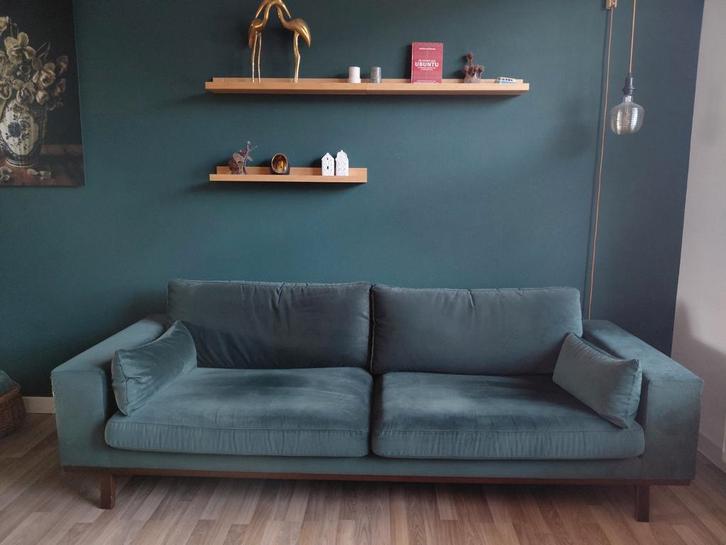 Velvet donkergroene 3zits bank van Woood., Huis en Inrichting, Banken | Bankstellen, Gebruikt, 200 tot 250 cm, 75 tot 100 cm, Ophalen