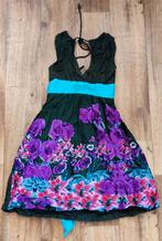 Donkergroene DESIGUAL jurk met paars roze bloemen, maat XS, Groen, Maat 34 (XS) of kleiner, Knielengte, Ophalen of Verzenden