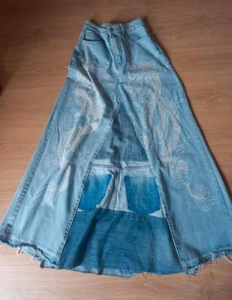 Flower power hippie rok cq jurk, handmade in eigen atelier, Maat 38/40 (M), Nieuw, Arts_in_Denim, Onder de knie