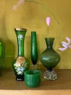 3 oude vaasje en waxinelichtje, groen glas., Antiek en Kunst, Antiek | Vazen, Ophalen of Verzenden