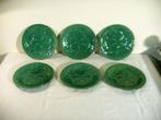 Zes  antieke groene barbotine bordjes, Antiek en Kunst, Ophalen of Verzenden