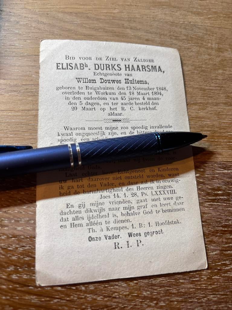 OUD Haarsma Elisabeth 1848 Ruigahuizen 1894 Workum x Huitema, Ophalen of Verzenden, Bidprentje