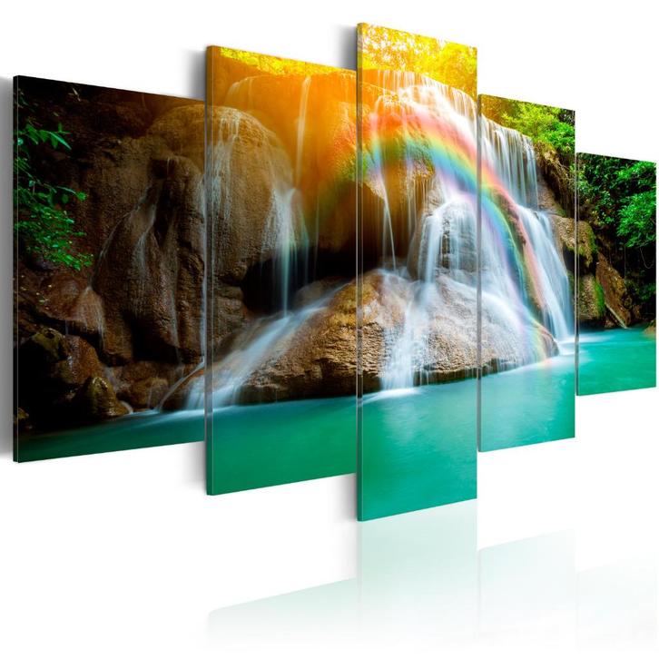 367 Regenboog Waterval 5 Luik Canvas Schilderij 200x100cm, Antiek en Kunst, Kunst | Schilderijen | Modern, Ophalen of Verzenden