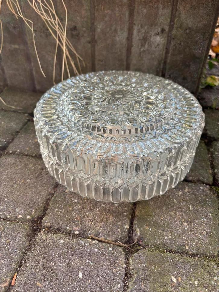Vintage Massive ronde glazen plafondlamp structuurglas Ø20cm, Huis en Inrichting, Lampen | Plafondlampen, Glas, Ophalen of Verzenden