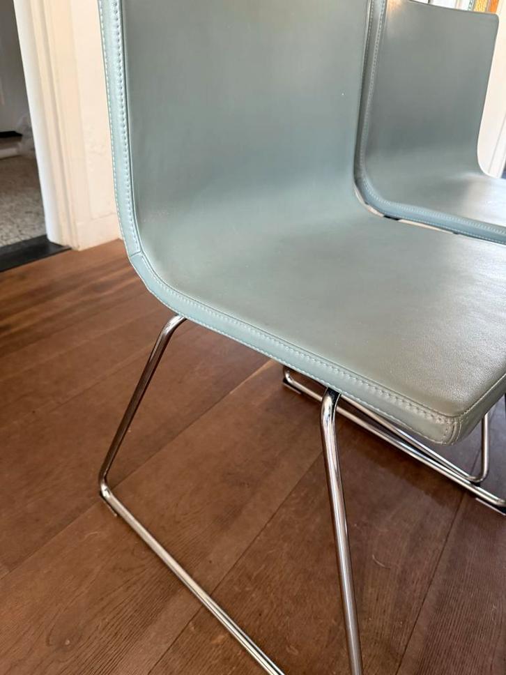 Lillanäs 4 groene leren eetkamerstoelen, Huis en Inrichting, Stoelen, Zo goed als nieuw, Vier, Leer, Overige kleuren, Ophalen