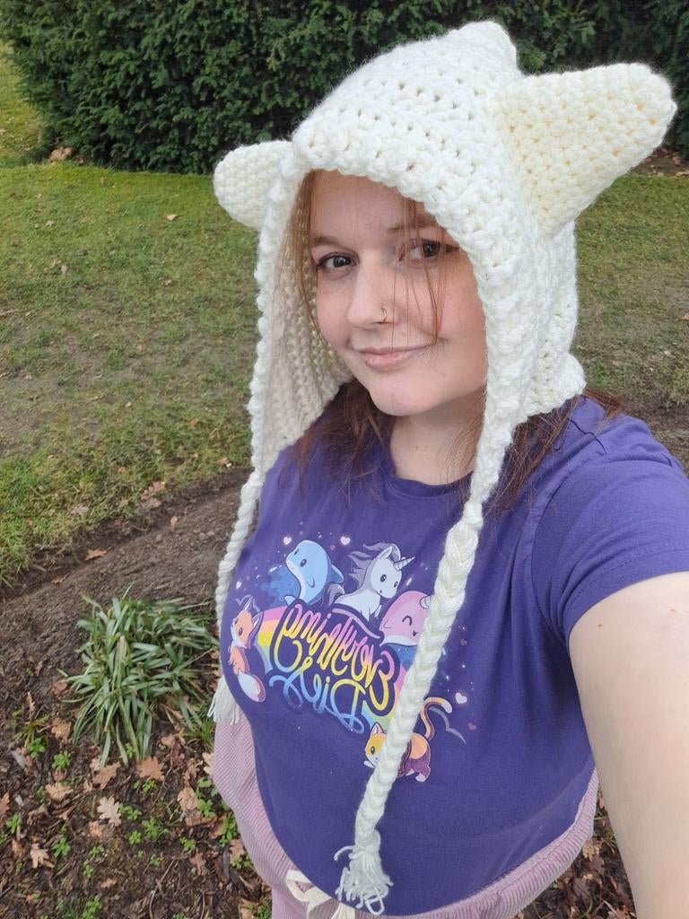 Gehaakte Crème Witte Hood met Oren, Hoed, Nieuw, Handgemaakt, One size fits all