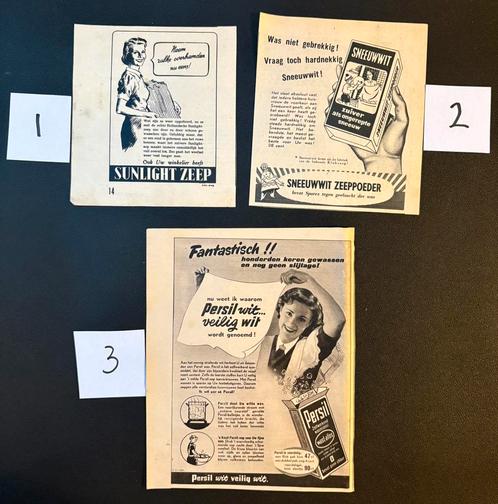 3 advertenties ‘Sunlight’, ‘Sneeuwwit’, ‘Persil’ (jaren 40), Verzamelen, Tijdschriften, Kranten en Knipsels, Knipsel(s), 1940 tot 1960