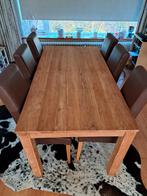 Teakhouten eettafel inclusief 6 lederen stoelen Te Koop., Ophalen, Teakhout, 200 cm of meer, 50 tot 100 cm