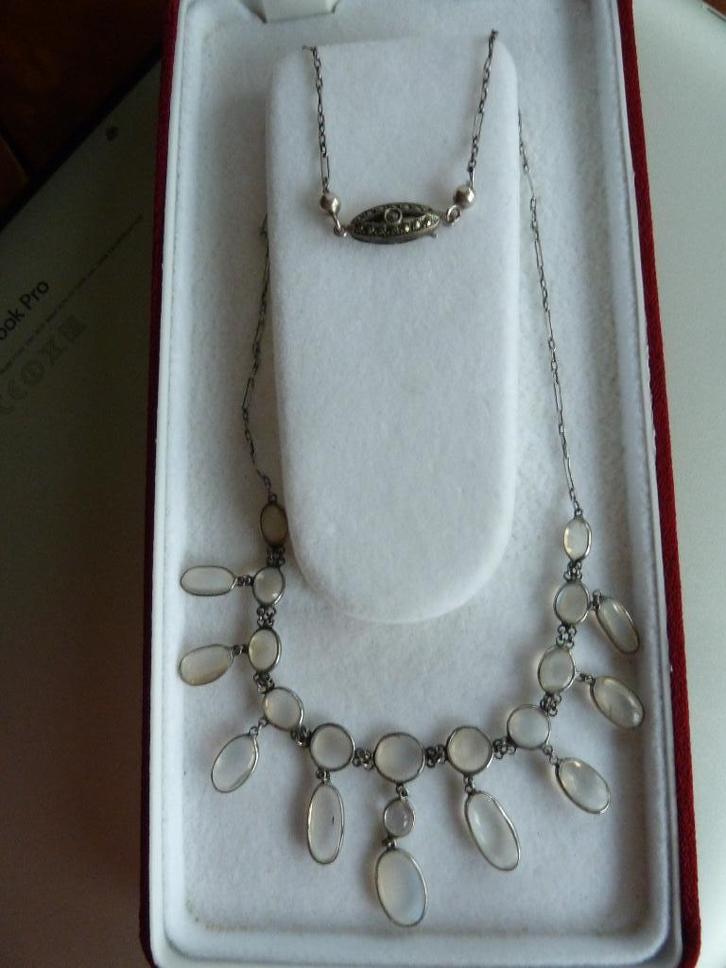 Antiek Jugendstil collier ca. 1910 met maansteen cabochons, Sieraden, Tassen en Uiterlijk, Antieke sieraden, Ketting, Zilver, Met edelsteen
