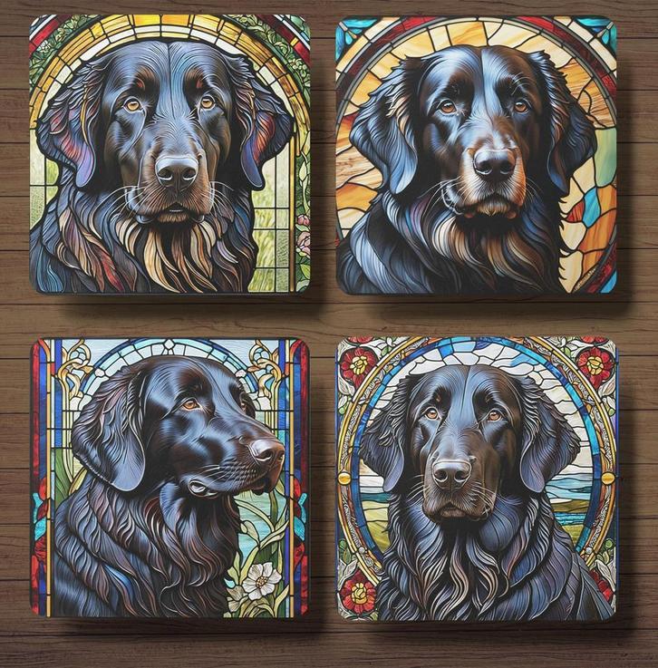 Flatcoated Retriever Glas in lood onderzetters met houder, Huis en Inrichting, Woonaccessoires | Onderzetters, Nieuw, Glas of Kopje