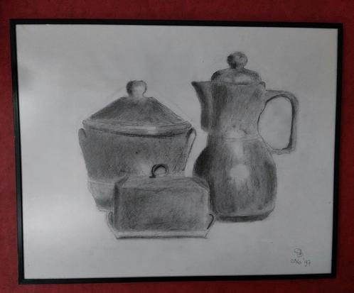 Schilderij, stilleven houtskool, incl. lijst gespiegeld glas, Huis en Inrichting, Woonaccessoires | Schilderijen, Tekeningen en Foto's