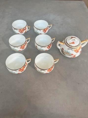 Antiek Japans Theeservies - Theepot & 6 Kopjes - Compleet Se beschikbaar voor biedingen