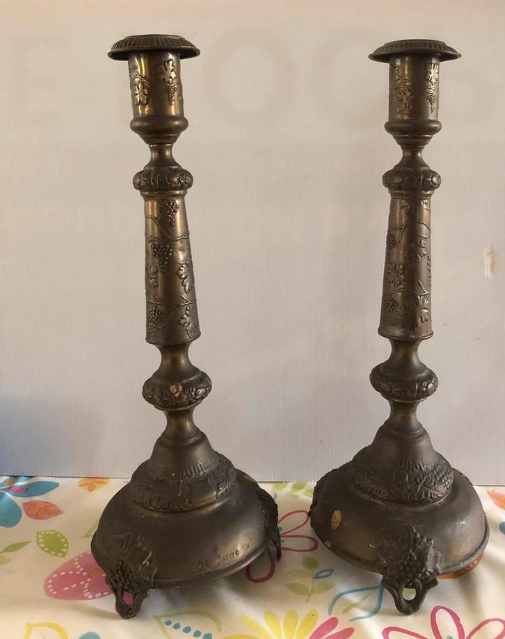 Twee Poolse koperen antieke kandelaars, Antiek en Kunst, Antiek | Kandelaars, Koper of Brons, Ophalen of Verzenden