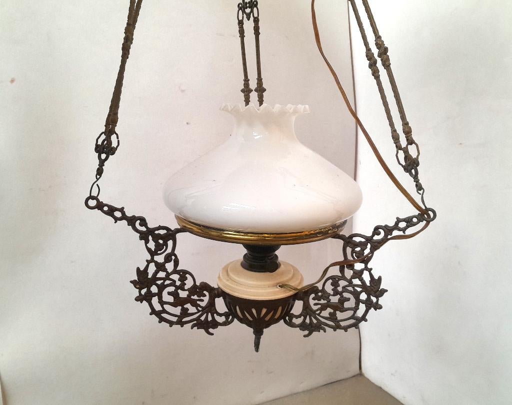 messing hanglamp, olie hanglamp 220v, schippertje, petroleum, Antiek en Kunst, Antiek | Lampen, Ophalen of Verzenden