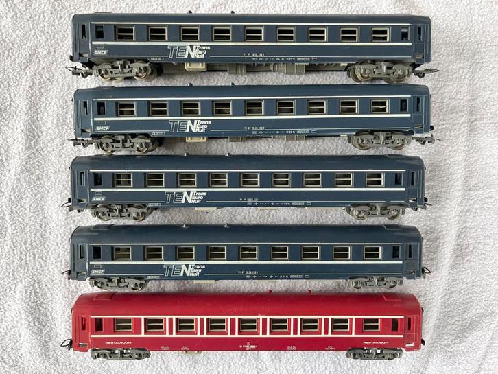 5x Jouef SNCF TEN slaap rijtuigen en restaurant, Hobby en Vrije tijd, Modeltreinen | H0, Zo goed als nieuw, Wagon, Gelijkstroom