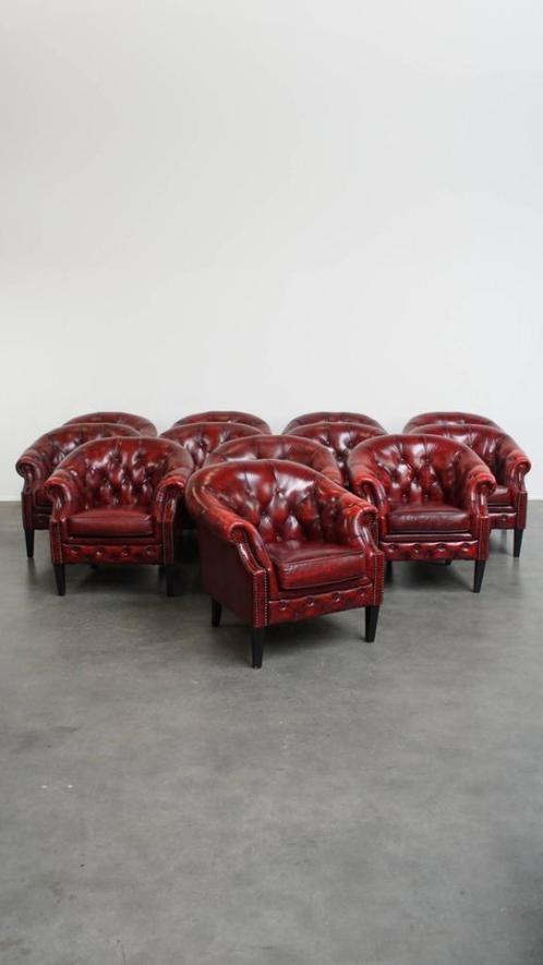 Set van 12 Engelse rode rundleren chesterfield fauteuil, Huis en Inrichting, Fauteuils, Gebruikt, Leer, 75 tot 100 cm, 75 tot 100 cm