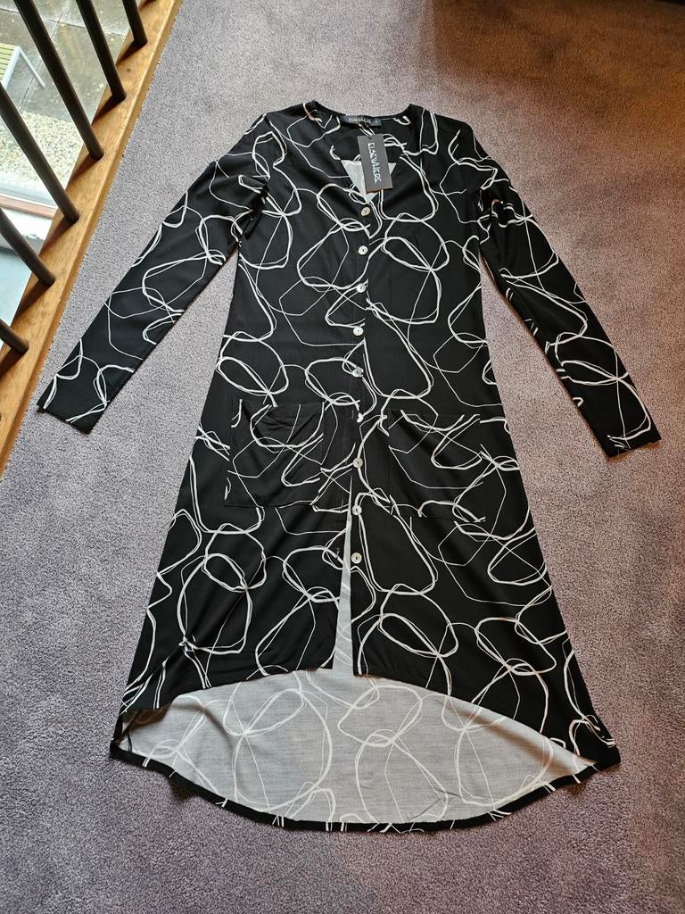Lange zwarte blouse met lichte print, Elsewhere, mt S, Verzenden, Nieuw, Maat 36 (S), Zwart