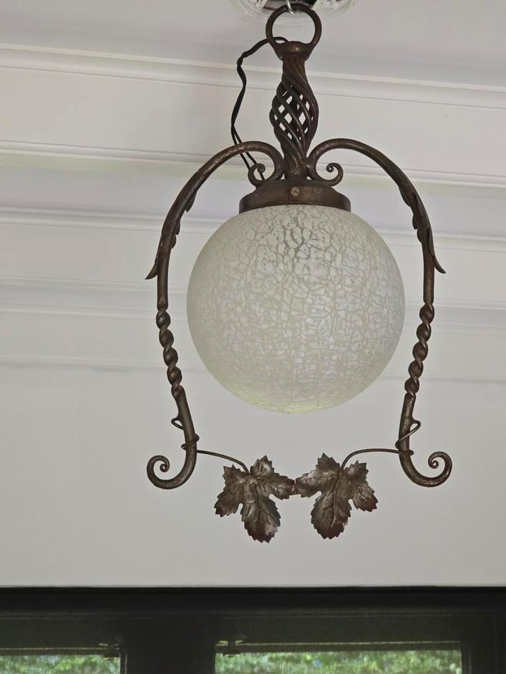Vintage Crackle-Glas & Smeedijzeren Hanglamp | Retro Stat, Huis en Inrichting, Lampen | Hanglampen, Minder dan 50 cm, Glas, Ophalen of Verzenden