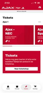 2 tickets naast elkaar Ajax - NEC, Losse kaart, Twee personen, Februari
