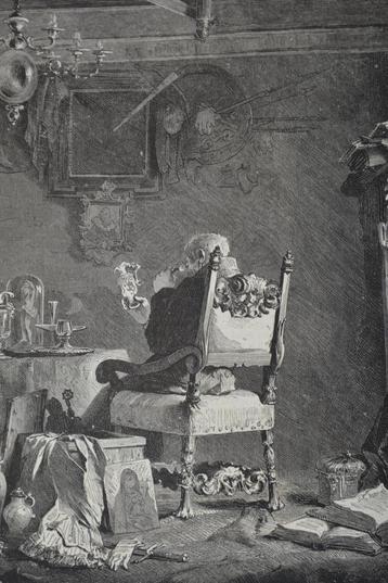 ANTIQUAIR Houtgravure L' Antiquaire Antiek verkoper 1880 GL5 beschikbaar voor biedingen