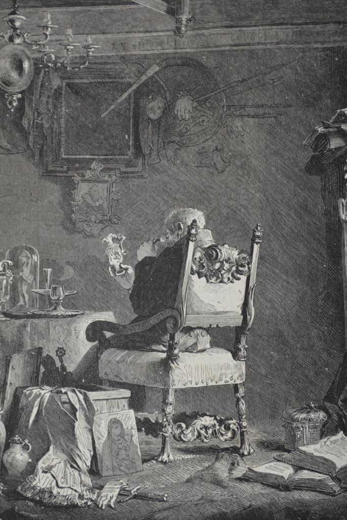 ANTIQUAIR Houtgravure L' Antiquaire Antiek verkoper 1880 GL5, Antiek en Kunst, Kunst | Etsen en Gravures, Verzenden