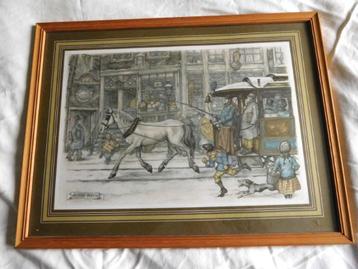 Antiek Anton Pieck Tekening Paarden Tram in Sneeuw. beschikbaar voor biedingen
