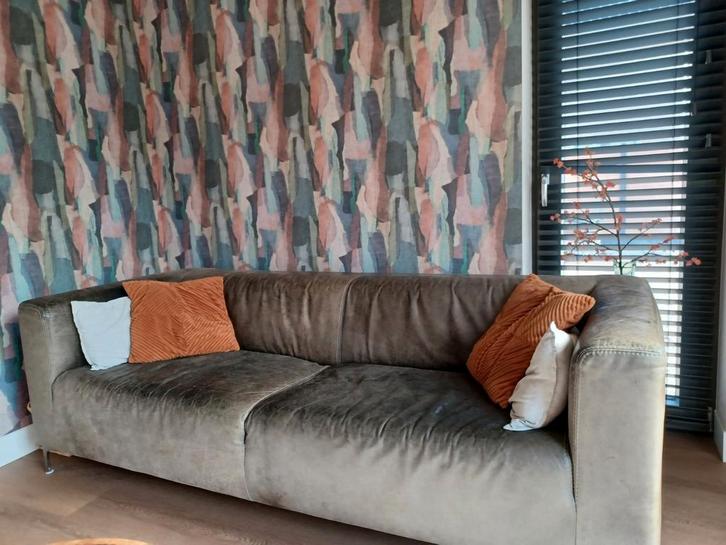 Groene leren bank TEAB, Huis en Inrichting, Banken | Bankstellen, Gebruikt, Rechte bank, Vierpersoons of meer, 200 tot 250 cm