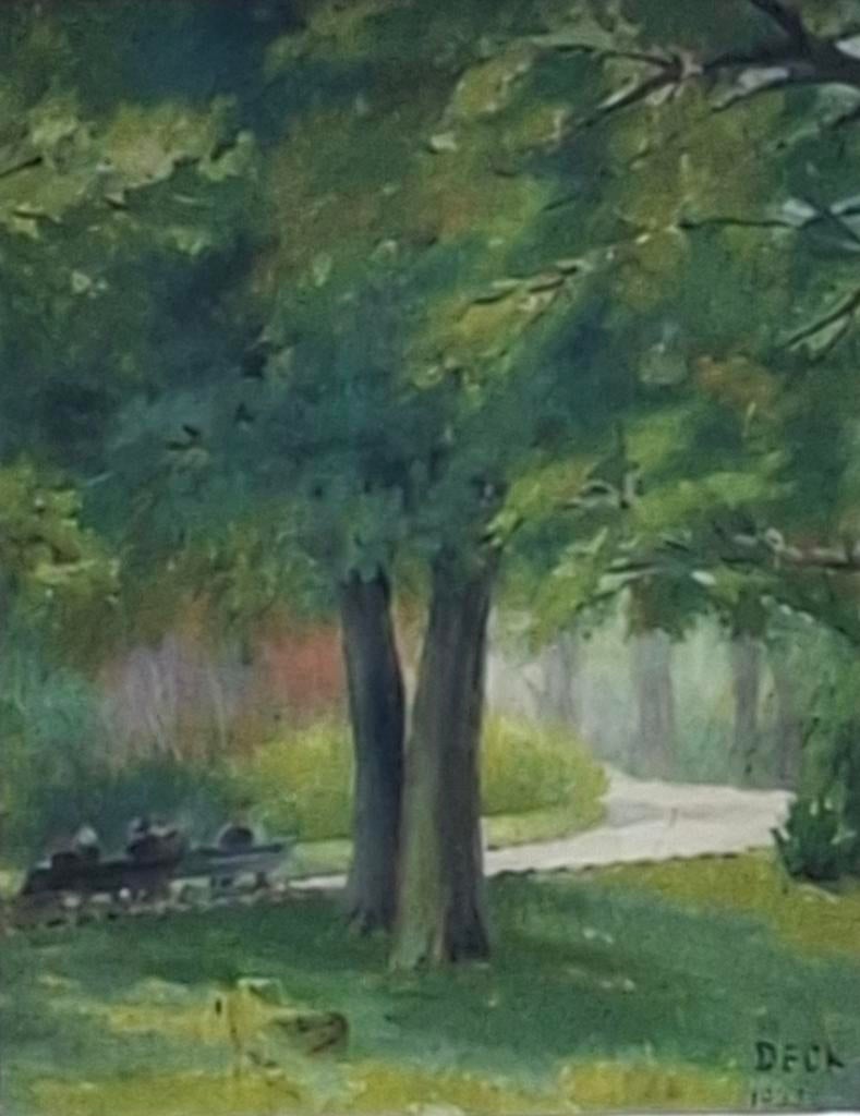 DECK (Zwi), Bankje in park. 1903.   17/32 cm., Antiek en Kunst, Ophalen