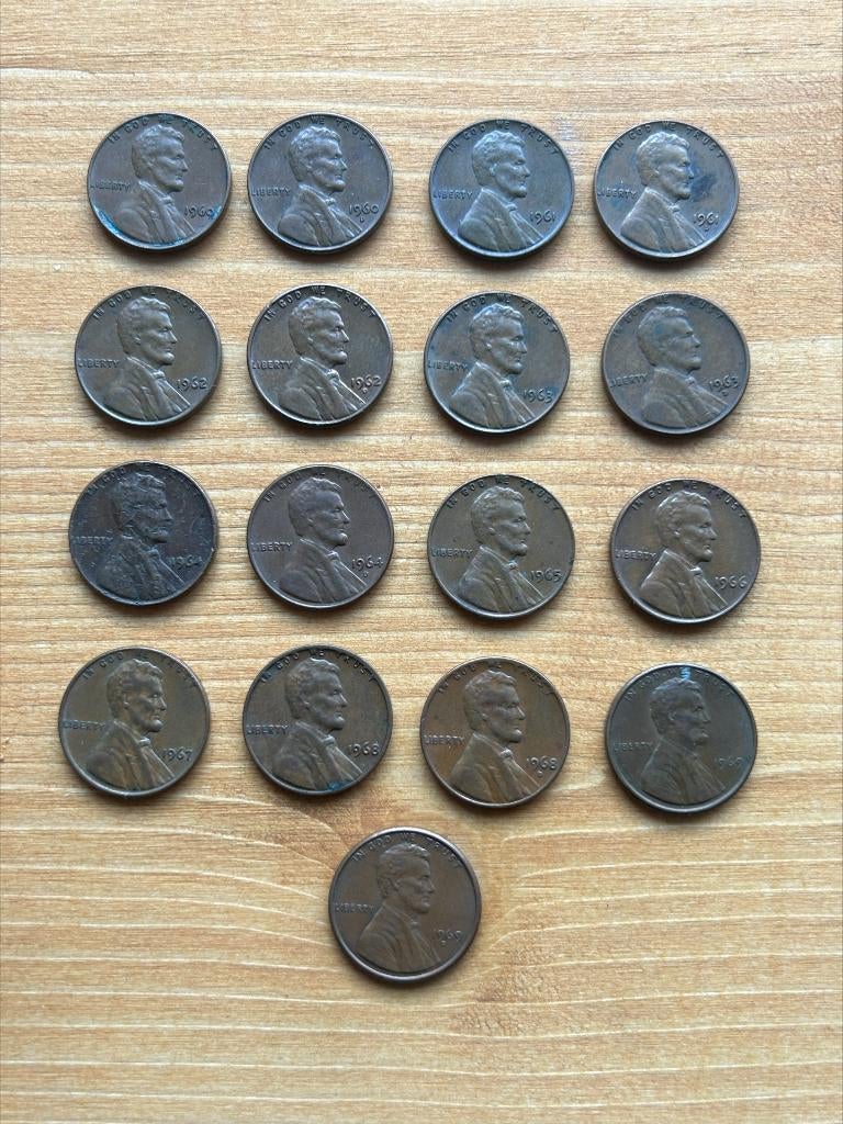 Complete set Amerikaanse pennies 1960 - 1969 uitgezonderd S, Ophalen of Verzenden, Noord-Amerika