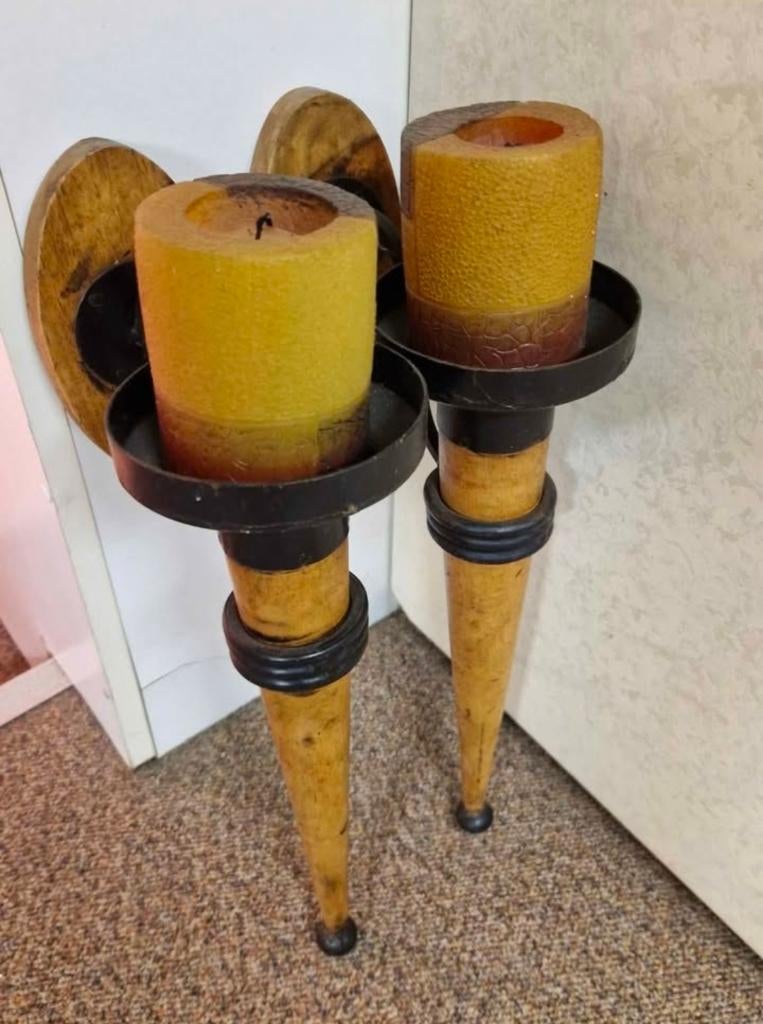 Prachtige houten wandkandelaars inclusief kaarsen, Ophalen of Verzenden, Zo goed als nieuw, Overige materialen, Minder dan 25 cm