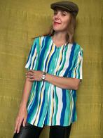 Vintage blouse, maat 40/L - strepen - groen, geel, wit - 90s, Maat 38/40 (M), Blauw, ,, Ophalen of Verzenden