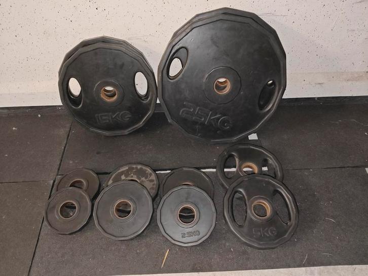 102.5 kg Olympische Halterschijvenset, Sport en Fitness, Fitnessmaterialen, Zo goed als nieuw, Ophalen