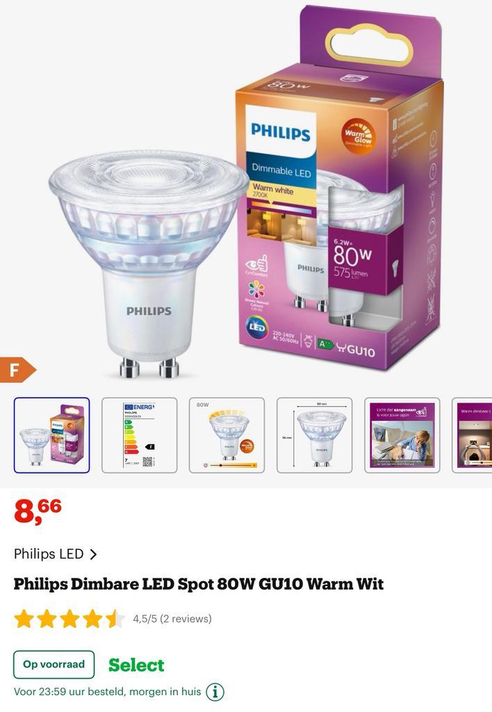Meerdere Nieuwe Philips Dimbare LED Spot 80W GU10 Warm Wit, Huis en Inrichting, Lampen | Losse lampen, Nieuw, Led-lamp, 60 watt of meer
