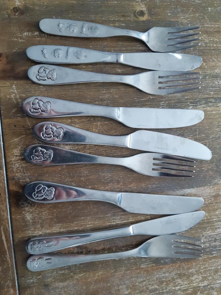 kinderbestek, vorken en messen, Huis en Inrichting, Keuken | Bestek, Ophalen, Gebruikt, Rvs of Chroom