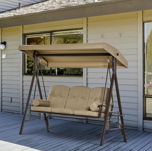 3-zits schommelbank met luifel en kussen metaal bruin, Tuin en Terras, Tuinstoelen, Nieuw, Ophalen