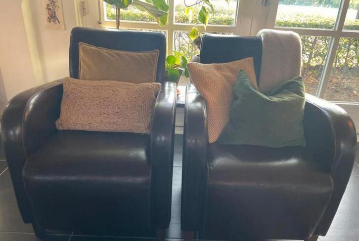 Vintage Leren Fauteuils - Set van 2, Huis en Inrichting, Fauteuils, Gebruikt, Leer, 75 tot 100 cm, Ophalen