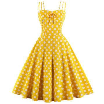 Gele witte stippen vintage jurk jurkje rockabilly polka dot